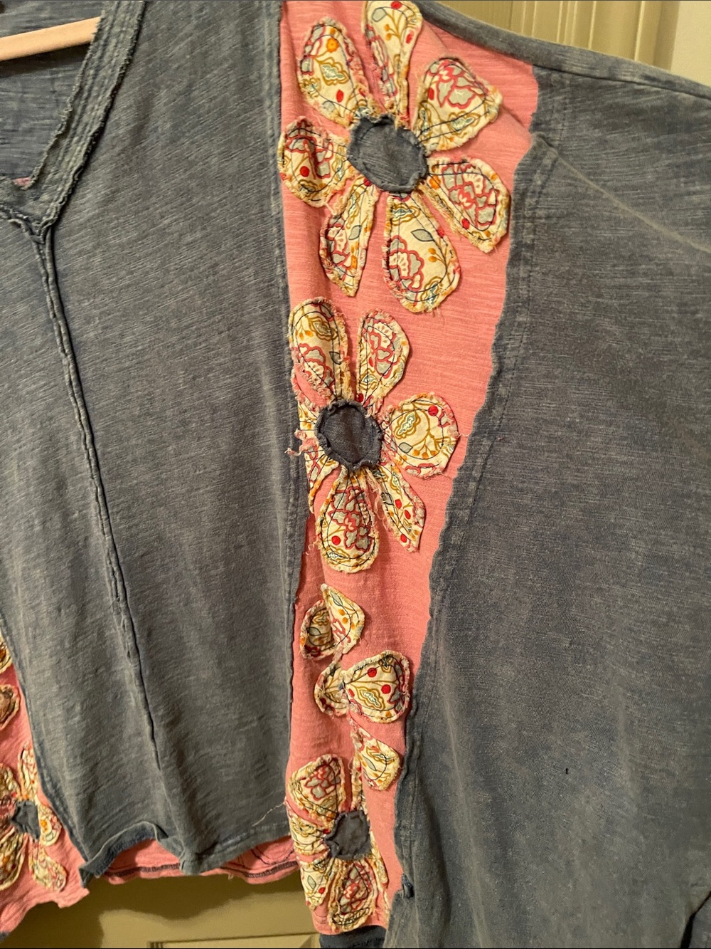 Blue Velvet, L, Washed Blue V-Neck Tunic with Pink Floral Sleeve Panels - Picture 3 of 5
